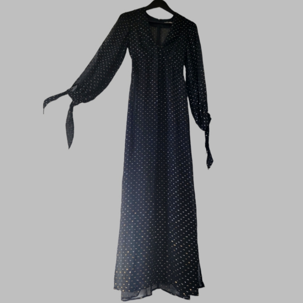 Silk Black and Gold Empire Maxi Plunge Evening Dress